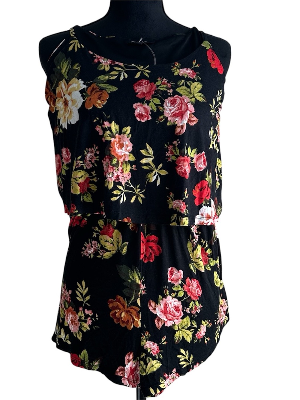 NWT Romper Floral Print Black, overlap Bib on the front, spaghetti straps adj L
